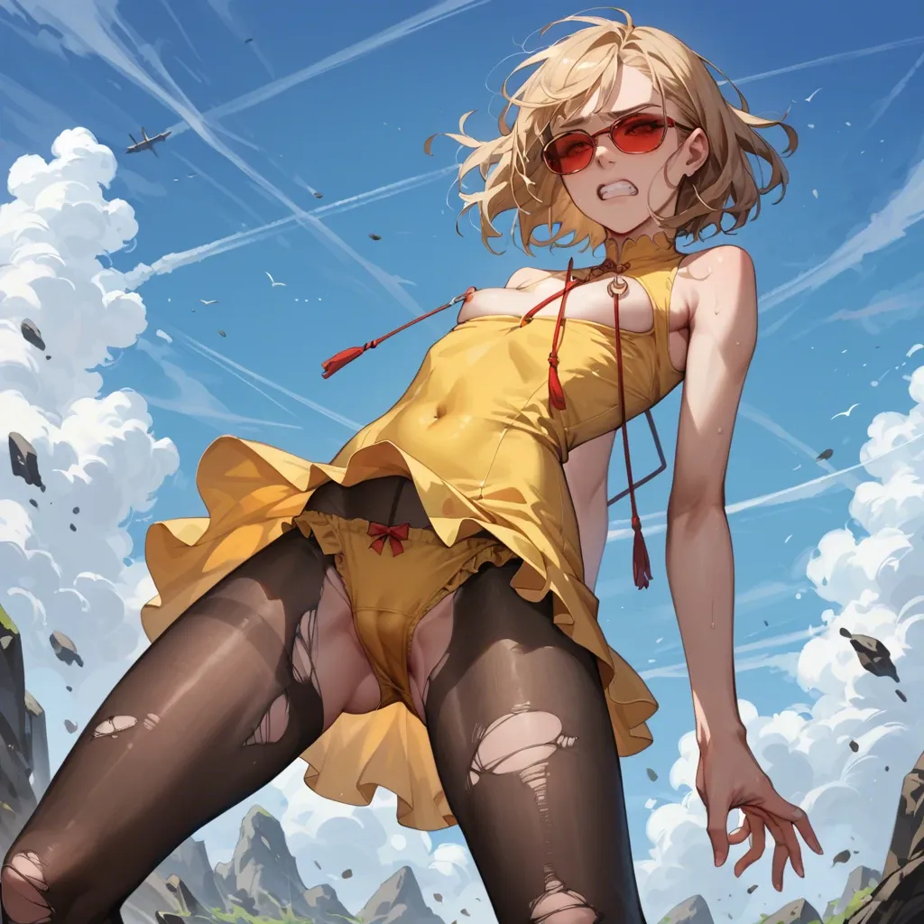 2girl, , , , clenching teeth,arms,medium boobs,sky above,elbows, arching back,knee-highs,nipple ring,stomach,skinny body, yellow dress,torn pantyhose,red sunglasses,frilled panties,knee boots, uniform,golden necklace,red sunglasses,panties down,heels, royal bedroom, mountain, cyberpunk, source anime, bright-lit, mario, sweetie belle, nami