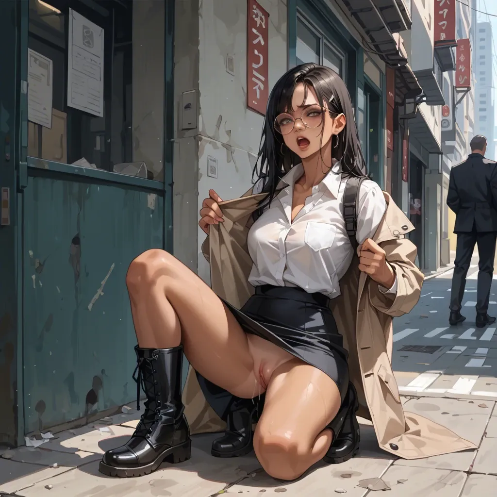 Black boots,round glasses,long black hair,tanned,lifts up her skirt,which is a light sheepskin coat,street