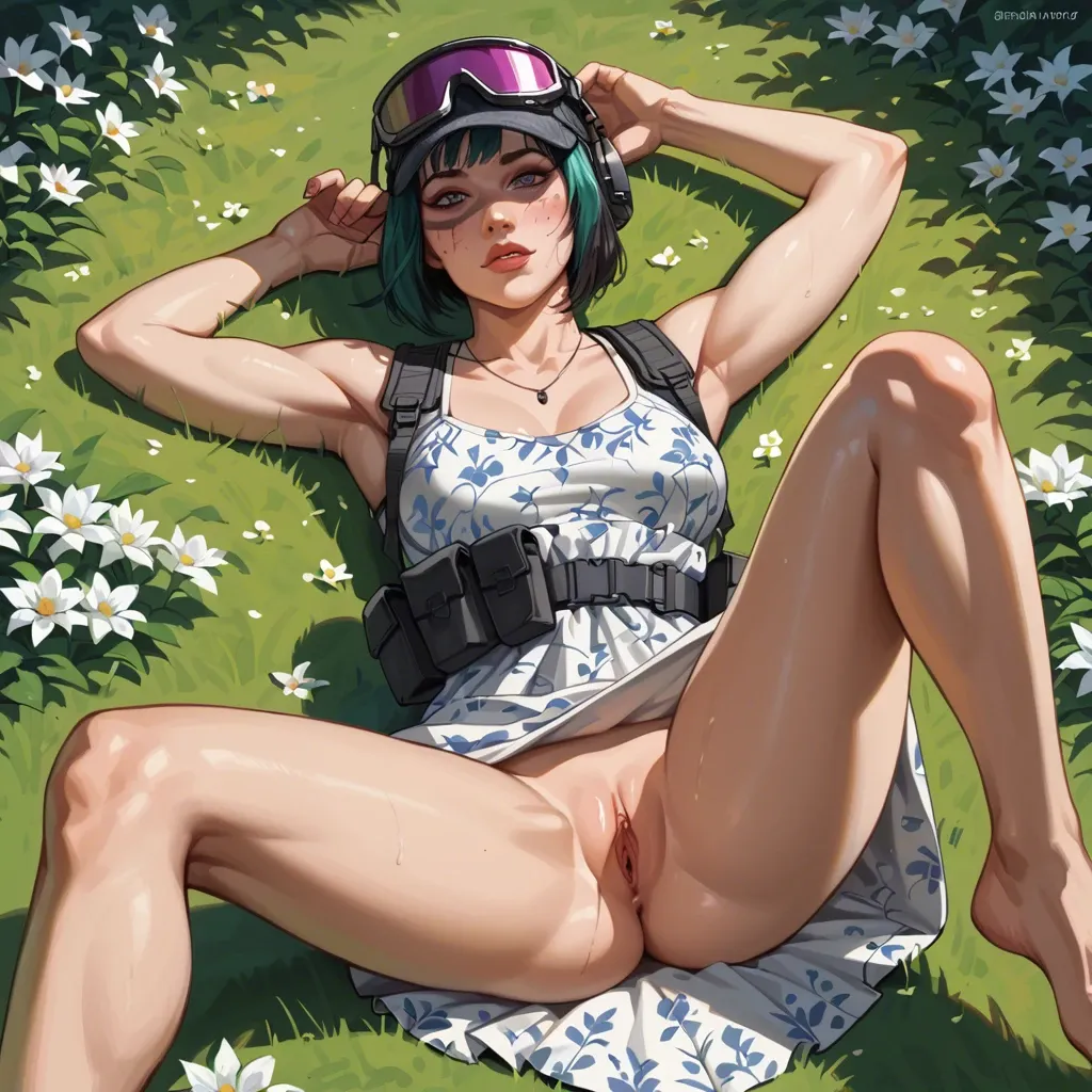 Ela Rainbow six Siege, in a flower field, lying down, view from under her dress, revealing her pussy, pussy View, looking at Viewer, teasing face