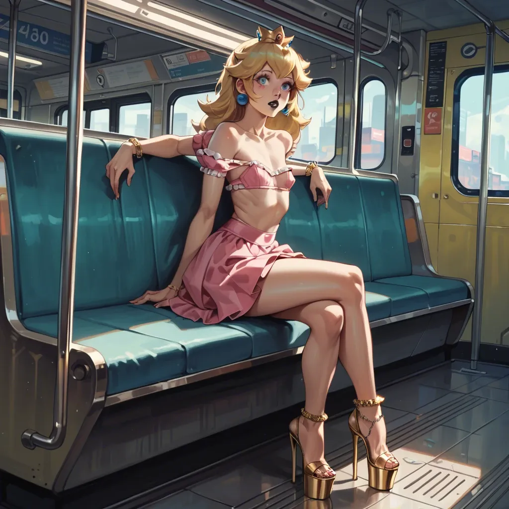 1girl,solo, , , , black lipstick,heel,flat chest,boob window,bare shoulder, pink skirt,gold anklets,tiara,frilled bra,platform heels, subway, cyberpunk, detailed, bright eyes, princess peach, spider-gwen