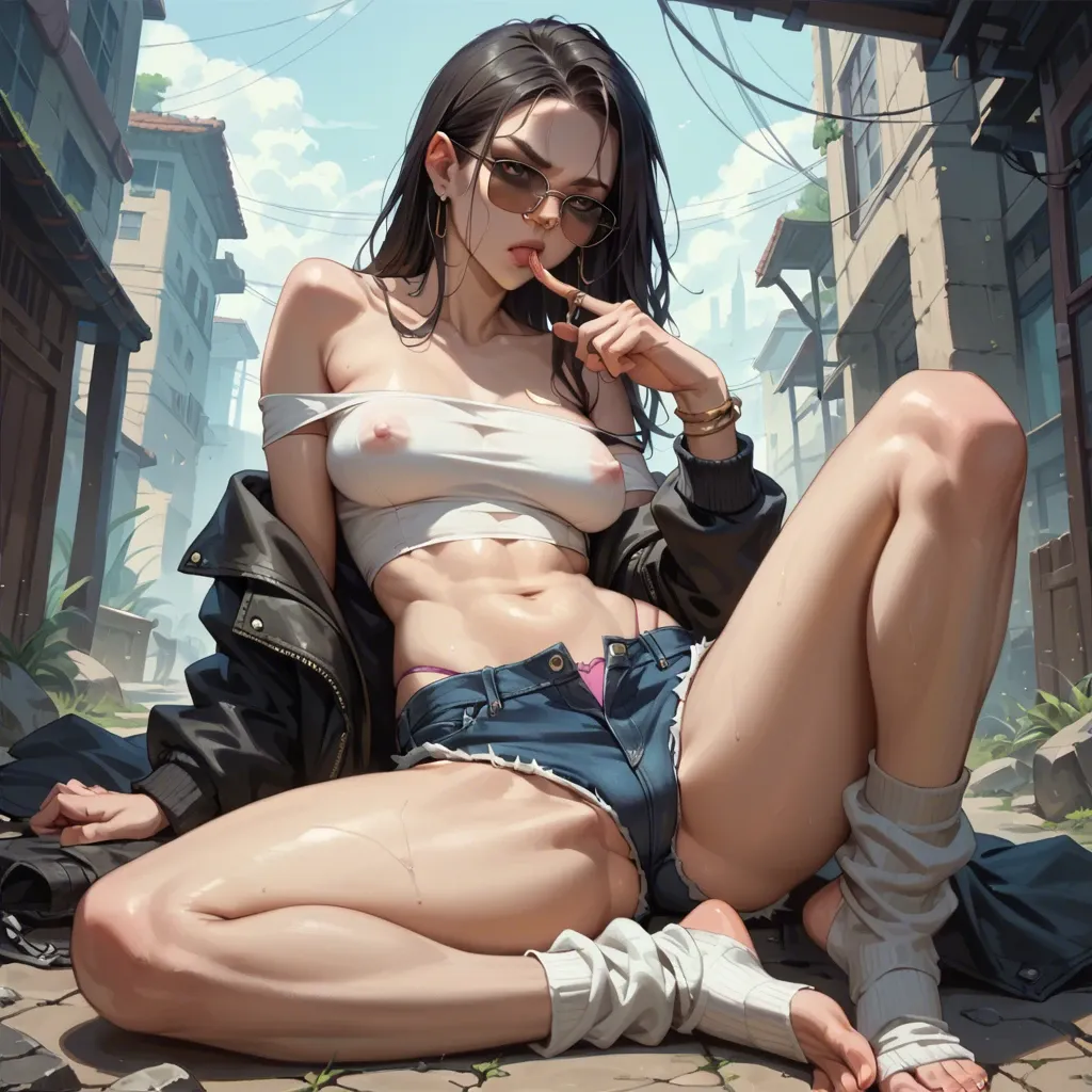 1girl,solo, , , , nose ring,wrist,nipple bulge,giant boobs,off-shoulder, slit pupils,sucking finger,hard nipples,very slim waist,thin ankles, hotpants,leg warmers,sunglasses,panties visible,knee boots, barely, cyberpunk, detailed face, bright-lit room, zelda, jasmine, hinata naked, no bra, no panties, black hair, on bed, pussy visible, open legs, big tits