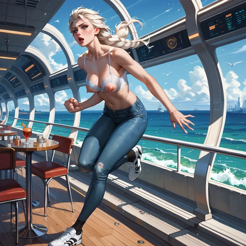 1girl,solo, , , , dimples,good hands,big nipples,babe,bare shoulder, tight jeans,knee socks,sailor collar,white lingerie,running shoes, restaurant, ocean, spaceship, elsa, ariel waifu