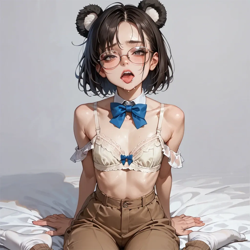 1 girl,solo, , , , beautiful fingers,flat chest, narrow waist, drooling mouth, seductive eyes, bare shoulders, brown trousers, knee-length socks,blue bow tie, panda ears, white shirt, white socks, glasses, beige bra, white sneakers, school, gwen- The spider,