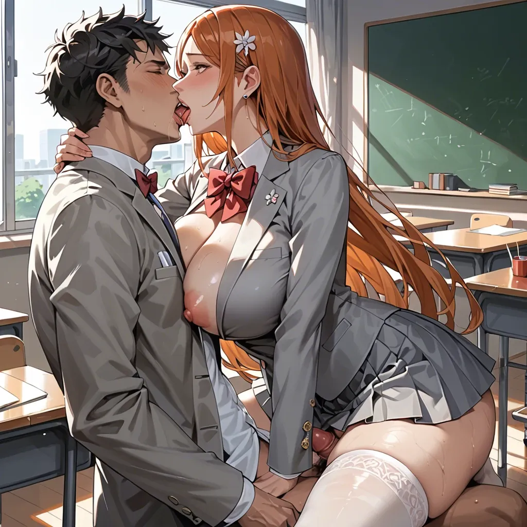 inoue_orihime, classroom, curvy figure,  huge breasts, white stockings, riding penis, sex, 1 boy, 1 girl, french kiss, grey skirt, pleated skirt,  red bow tie, clothed sex, grey blazer, staddling, school uniform, thick tights, open shirt, breasts out, partially clothed, no bra, no panties, naughty face, moaning, busty