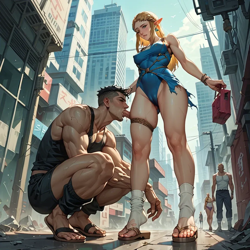 1girl,1boy, , , , dimples,steamy feet,sucking nipple,low perspective,tank top, torn dress,baggy socks,panties aside,tight swimsuit,sandals, shibari, city, cyberpunk, facing camera, princess zelda, wonder woman