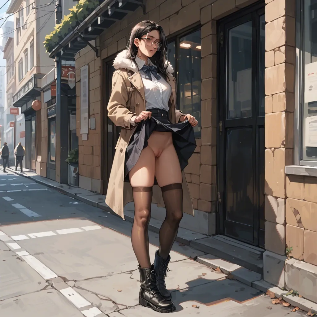 Black boots,round glasses,long black hair,tanned,lifts up her skirt,which is a light sheepskin coat,street, Brown stockings