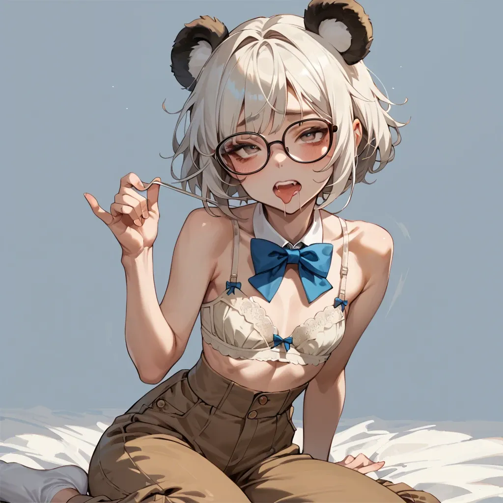 1 girl,solo, , , , beautiful fingers,flat chest, narrow waist, drooling mouth, seductive eyes, bare shoulders, brown trousers, knee-length socks,blue bow tie, panda ears, white shirt, white socks, glasses, beige bra, white sneakers, school, gwen- The spider,