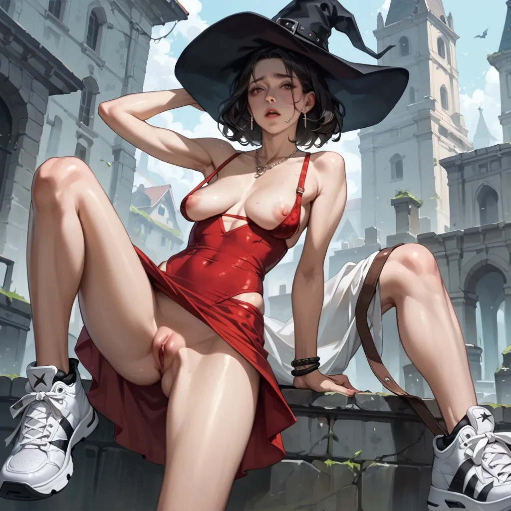 2girl, , , , cheeks,arm raised,saggy breast,labia,skinny legs, red skirt,necklace,black hat,undersized bra,black sneakers, dress,leggings,witch hat,leotard aside,white sneakers, bare navel, public park, medieval tavern, stool, spider-gwen, dynamic pose