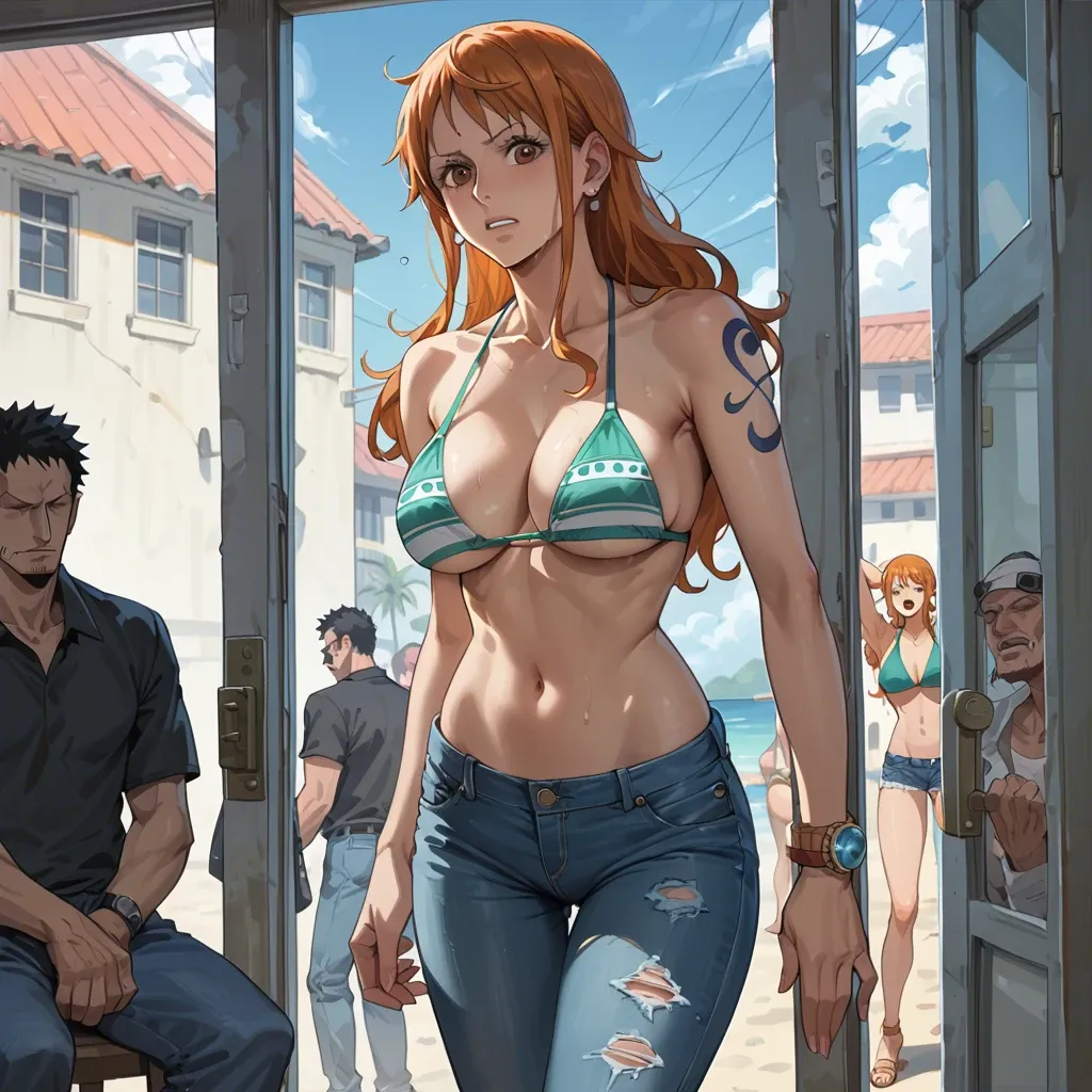 nami one piece, normal bikini, jeans pants, caught by mumies, breasts exposed