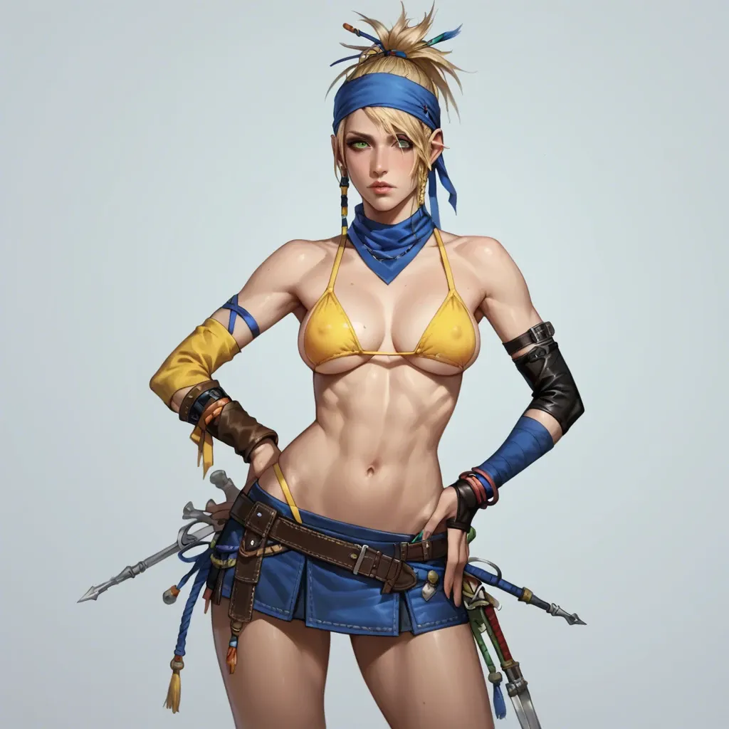 1 girl, rikku, final fantasy x-2, blonde, green swirl pupil, yellow g-string bikini, blue bandana, ribbon arm sleeve, mini skirt,