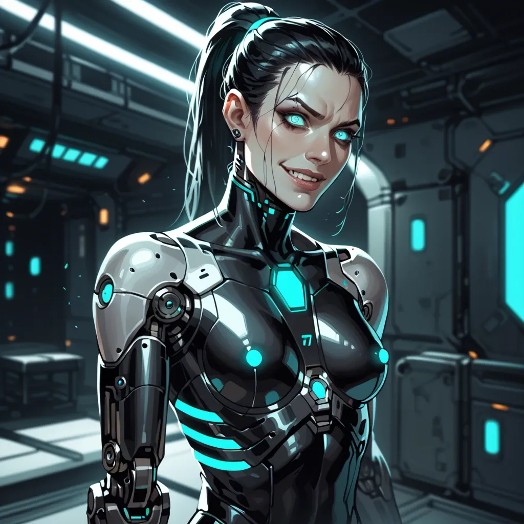 Cyborg, robot, solo, female, black metal robotic body, black metal robotic arms, skinny, glowing turquoise eyes, creepy, pale human head, black hair, ponytail, sci-fi, glowing turquoise electronics, dark futuristic room, dominant, smirking