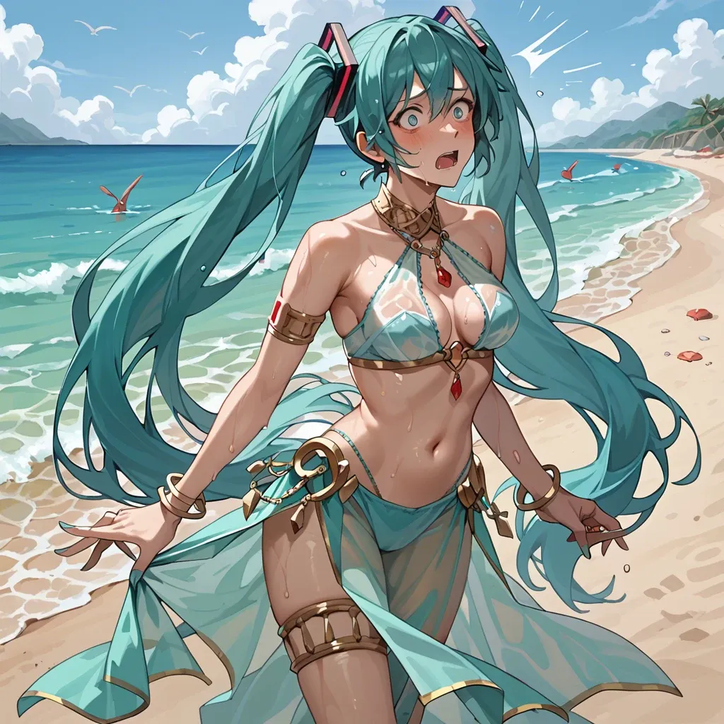 1 girl, Hatsune Miku, belly dancer, medium rounded breasts, standing, shocked, transparent clothes, trying to cover up, embarrassed, on the beach, wet clothes