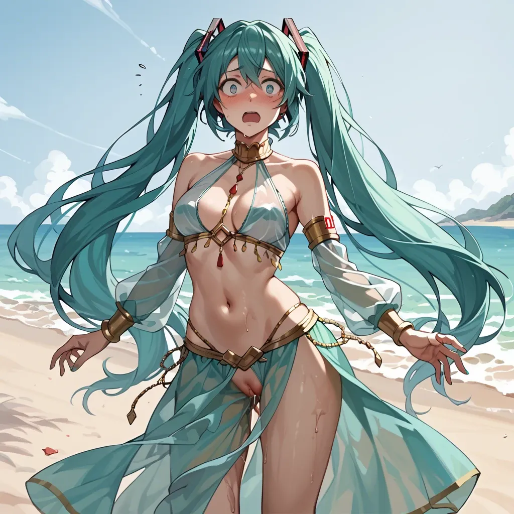 1 girl, hatsune Miku, belly dancer, medium rounded breasts, pussy juice, standing, shocked, transparent clothes, trying to cover up, embarrassed, on the beach