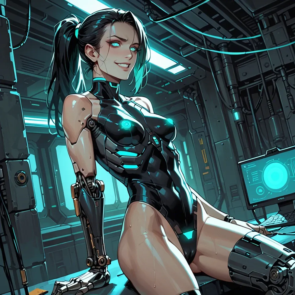 Cyborg, robot, solo, female, black metal robotic body, robotic arms, robotic legs, skinny, glowing turquoise eyes, creepy, pale human head, black hair, ponytail, sci-fi, glowing turquoise electronics, dark futuristic room, dominant, smiling