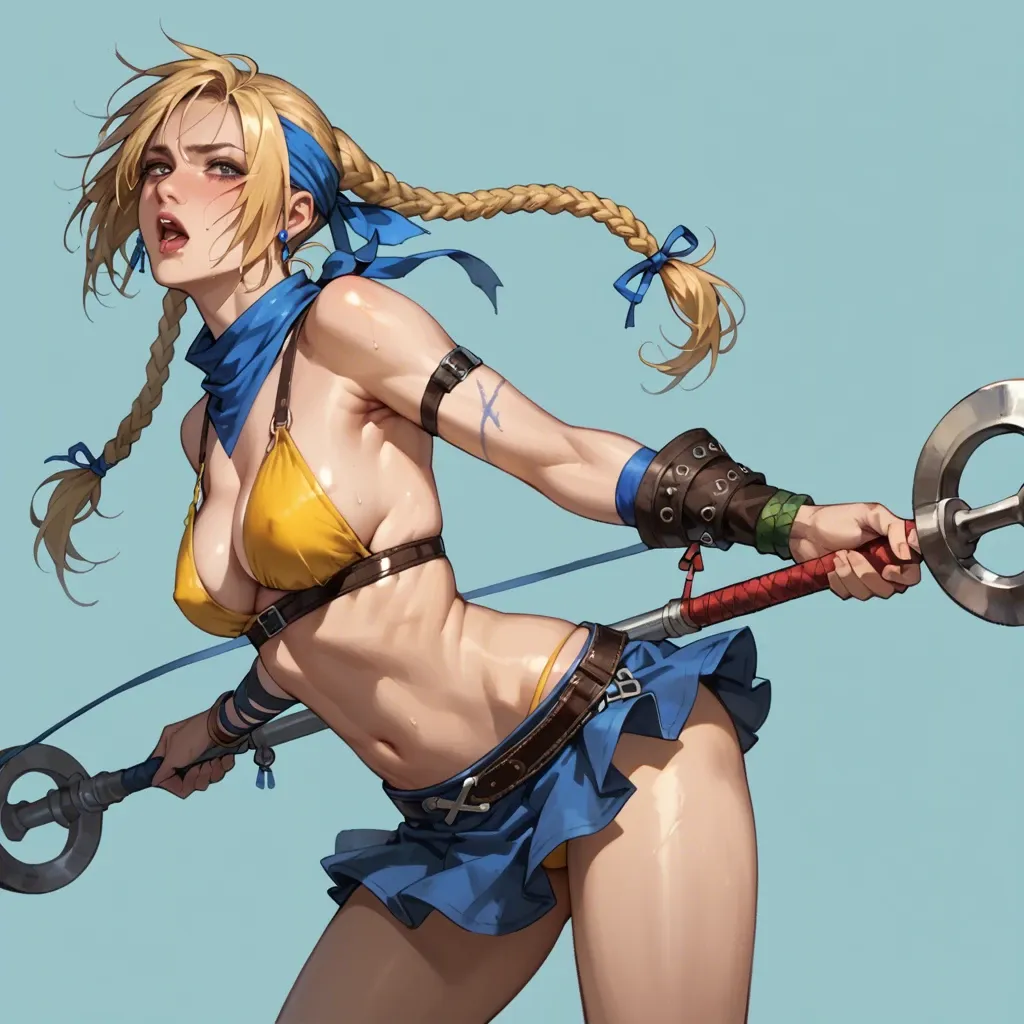 1 girl, rikku, final fantasy x-2, braid long blonde hair, green swirl pupil, yellow g-string bikini, blue bandana, ribbon arm sleeve, mini skirt,