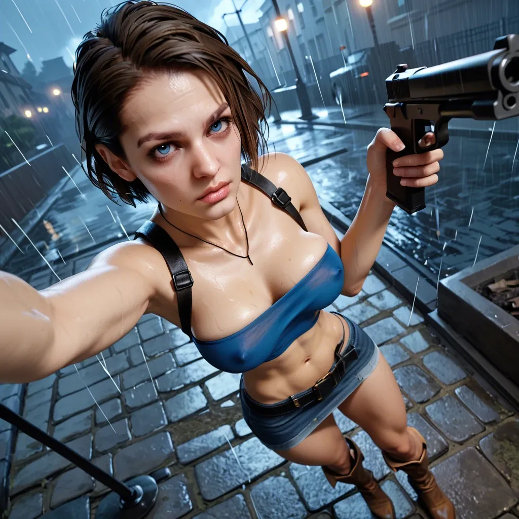 1girl,3d,jill valentine,straps,at night,under rain,jean skirt,brown boots,tube top,legs,skinny,pervert,high-angle selfie,nipple breast ,aiming gun to breast,solo,