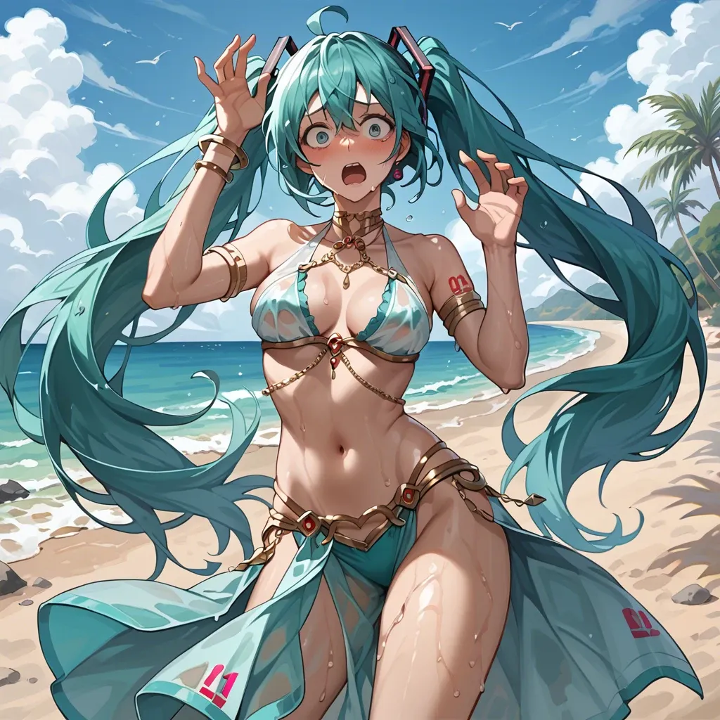 1 girl, Hatsune Miku, belly dancer, medium rounded breasts, standing, shocked, transparent, trying to cover up, embarrassed, on the beach, wet clothes