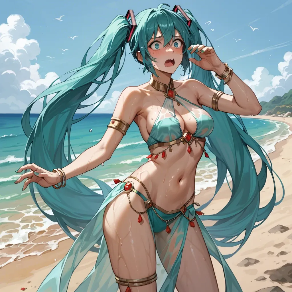 1 girl, Hatsune Miku, belly dancer, medium rounded breasts, standing, shocked, see transparent clothes, trying to cover up, embarrassed, on the beach, wet clothes