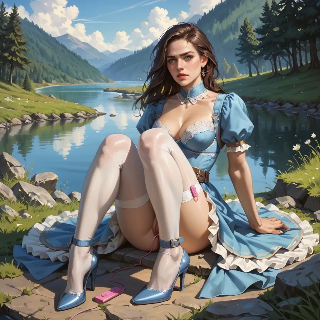 2girl, , , , jawline,feet,firm breasts,bent at waist,knees up, medieval dress,white stockings,belts,blue bra,high heels, royal bedroom, river, vibrator, realistic, dark penis, waifu