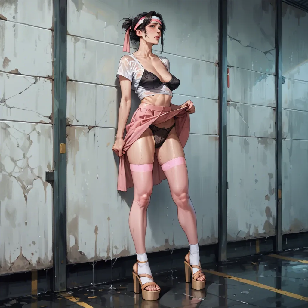 1girl,solo, , , , high cheekbones,platform heels,saggy breasts,high waisted,knee, wet shirt,white socks,hair tie,black bra,shoes, lifted skirt,pink stockings,headband,lace panties,sandals, cyberpunk, tifa lockhart, ariel, rapunzel waifu