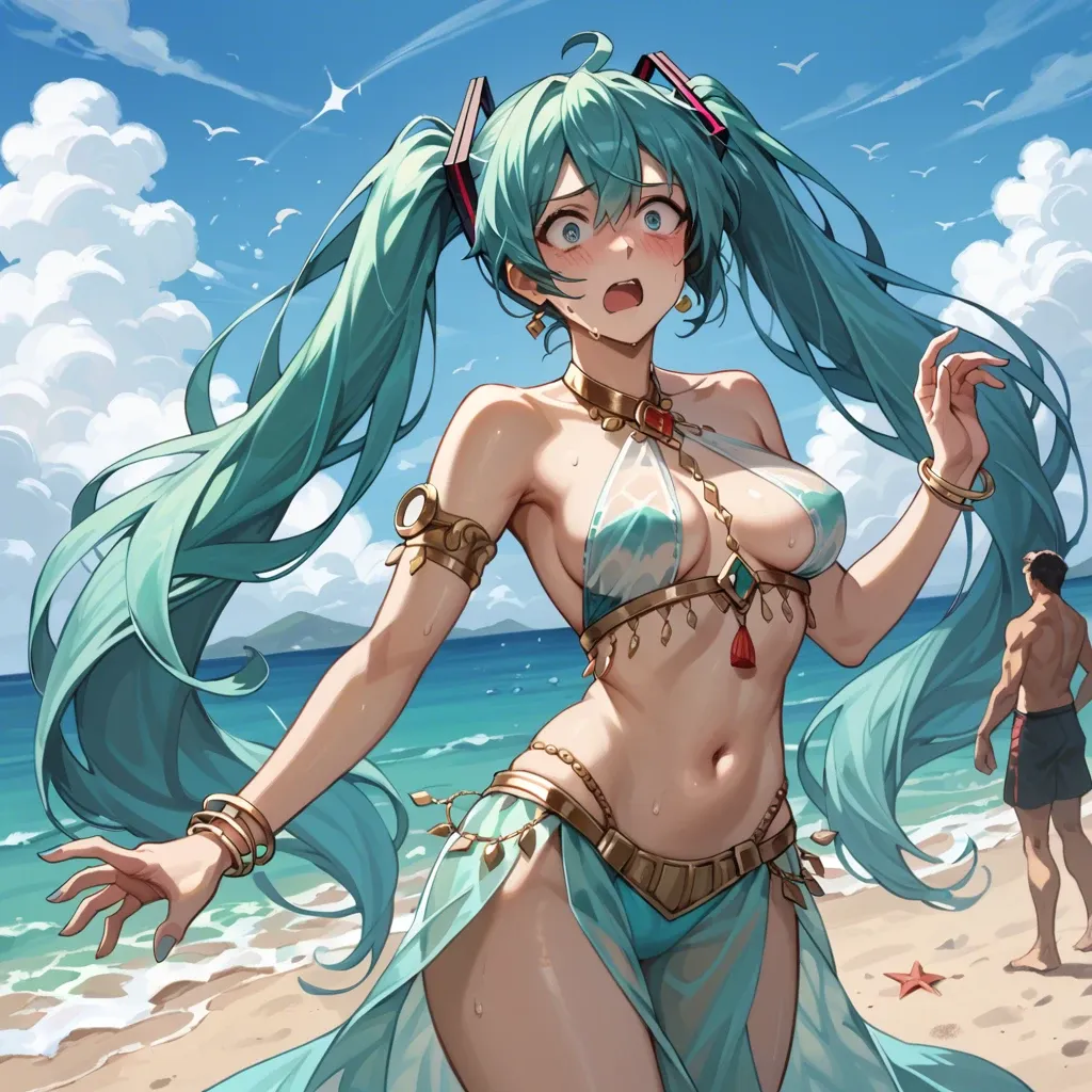 1 girl, Hatsune Miku, belly dancer, medium rounded breasts, standing, shocked, transparent clothes, trying to cover up, embarrassed, on the beach