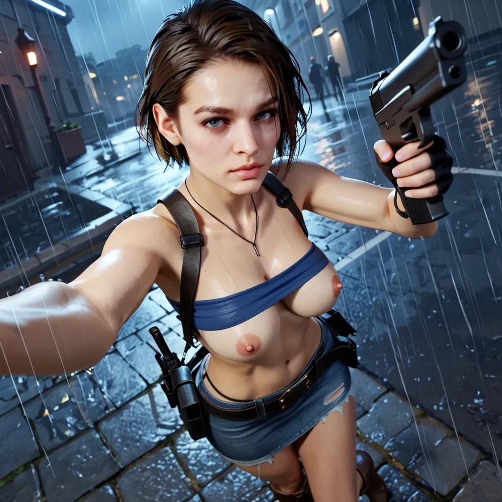 1girl,3d,jill valentine,straps,at night,under rain,jean skirt,brown boots,tube top,legs,skinny,pervert,high-angle selfie,nipple breast ,aiming gun to viewer,solo,