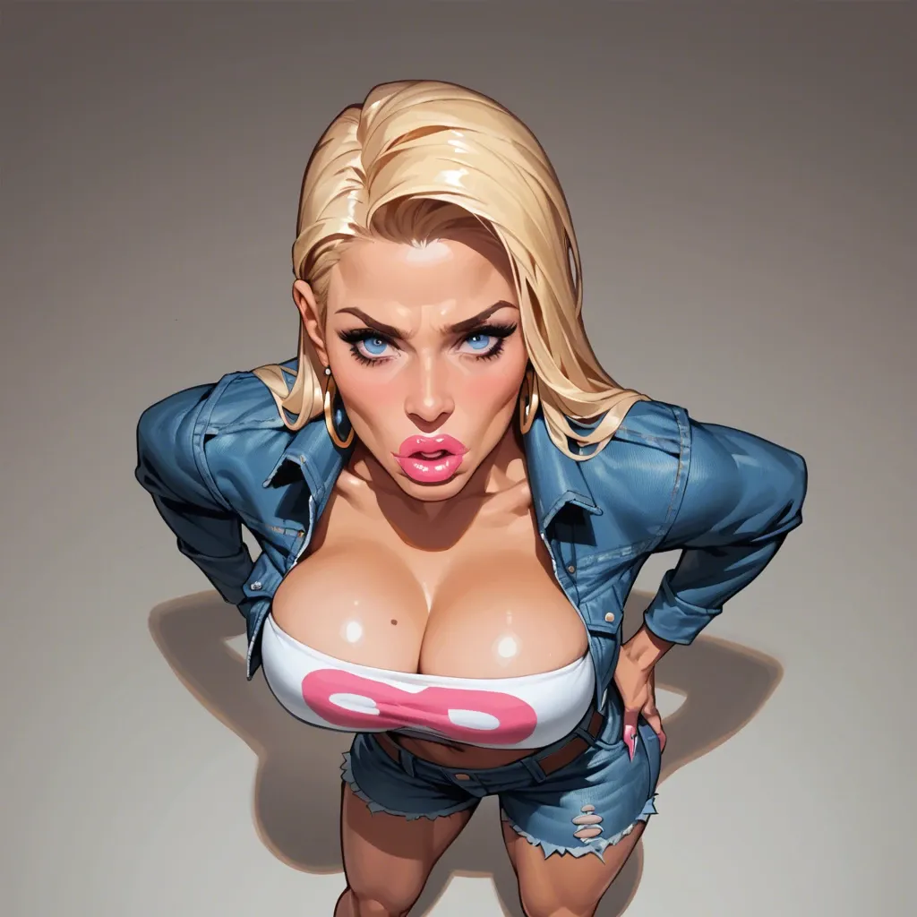 john persons style, Sonya Blade, shadman,pov, bimbo teen tits view, extreme bimbo teen transformation, blonde teen bimbo, face closeup, (standing), (from above), (pink micro tube top), (blue booty jeans), (wearing pink backpack), hands on hips