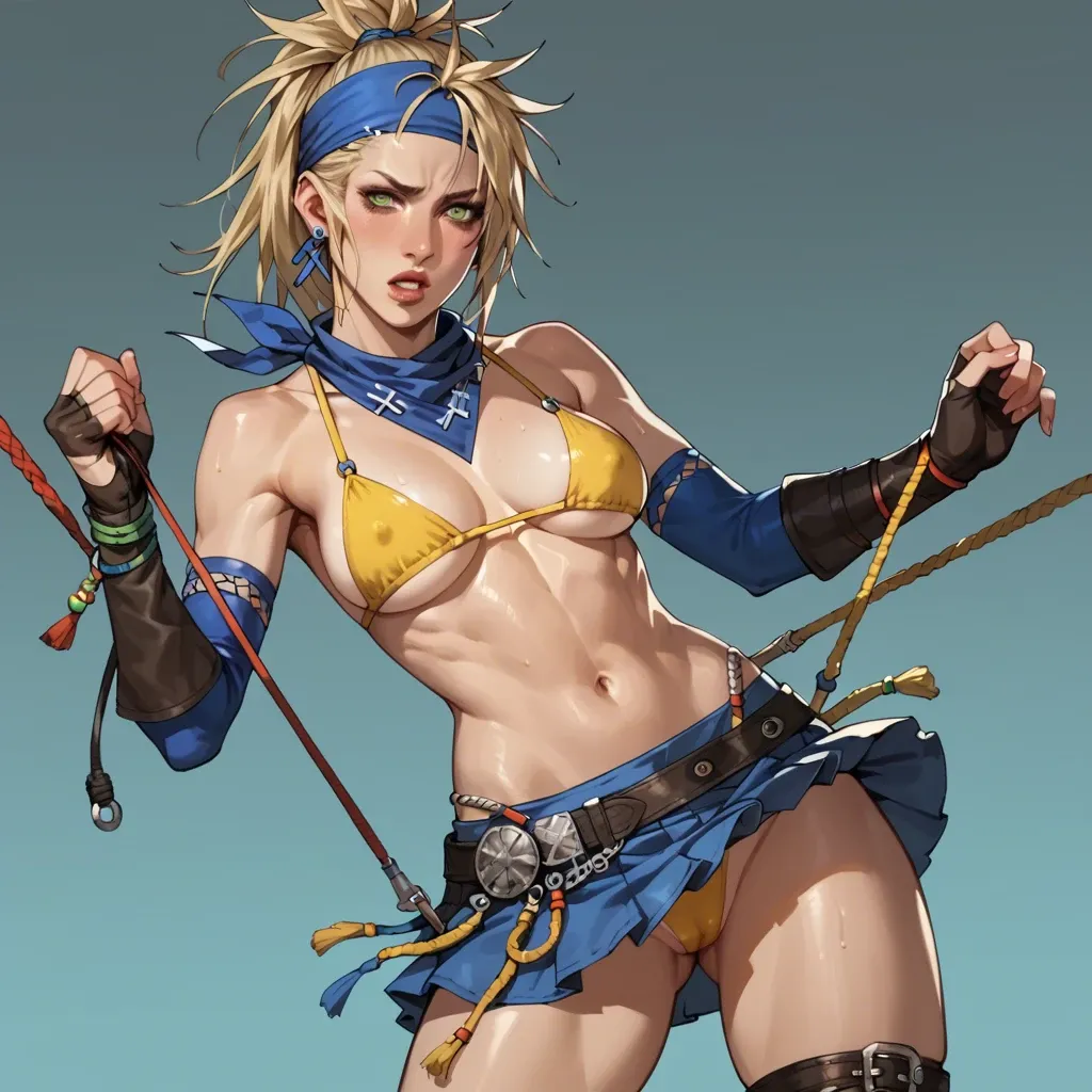 1 girl, rikku, final fantasy x-2, blonde, green swirl pupil, yellow g-string bikini, blue bandana, ribbon arm sleeve, mini skirt,