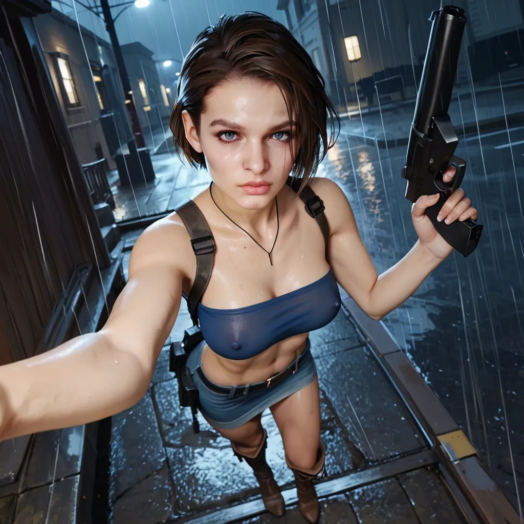 1girl,3d,jill valentine,straps,at night,under rain,jean skirt,brown boots,tube top,legs,skinny,pervert,high-angle selfie,nipple breast ,aiming gun to viewer,solo,