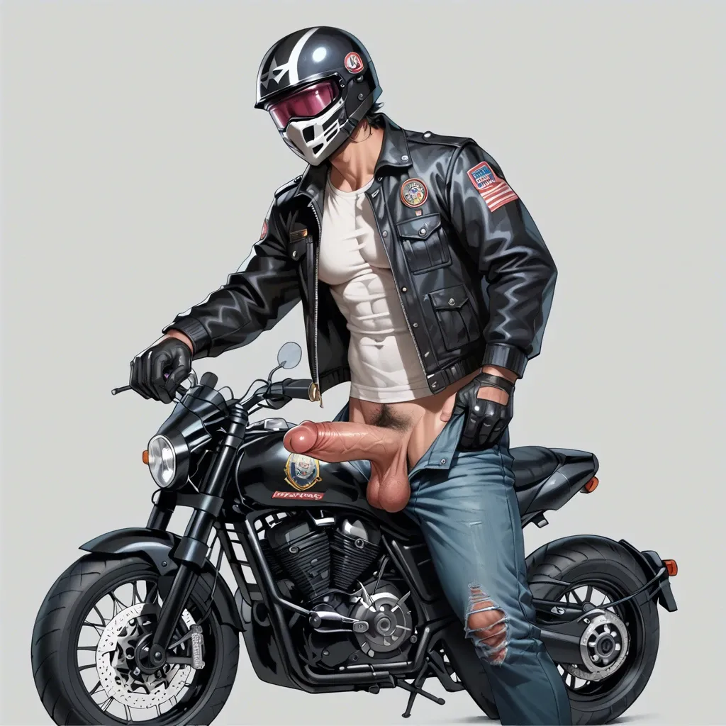 1 boy, motorbike helmet, jacket, gloves, pants, taking off his pants, juicy huge dick, dick, cock, penis hair, balls, standing, detailed, grey background