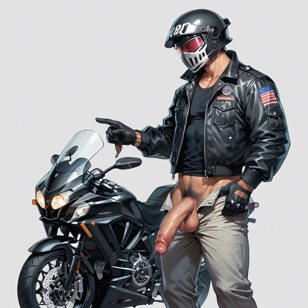 1 boy, motorbike helmet, jacket, gloves, pants, taking off his pants, juicy huge dick, dick, cock, penis hair, balls, standing, detailed, grey background