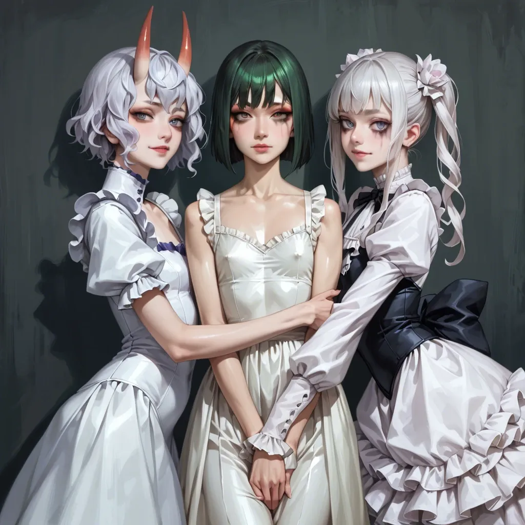 Shuten douji,3girls,realistic face,flat chest,emilia,petite body,neferpitou,shiny skin,cute smile,realistic,tight hug,ruined makeup,skinny,pet pose,victorian,sexy dress,dildo masturbate,dildo in anus