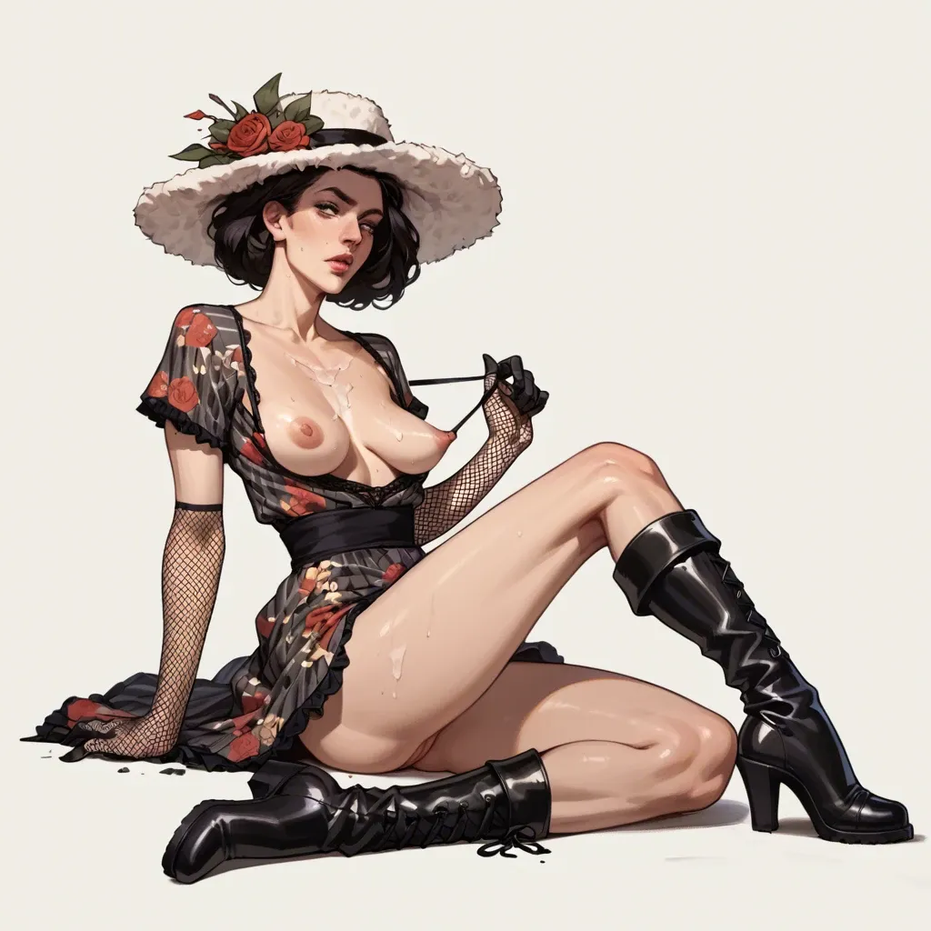 1girl,solo, , , , touching body,one-handed,saggy boobs,breasts,gold on skin, shirt pull,striped clothes,fishnet gloves,lingerie,no shoes, floral dress,lacey,fur hat,lingerie,black boots, bedroom, field, spiked dildo, 2b, belle