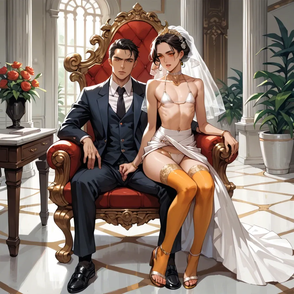 1girl,1boy, , , , orange eyes,elegant face,flat chest,bent at waist,on elbows, wedding dress,gold stockings,bdsm choker,bikini top lift,sandals, office dress, gardens, throne room, cyborg, tifa lockhart, jasmine, rapunzel waifu