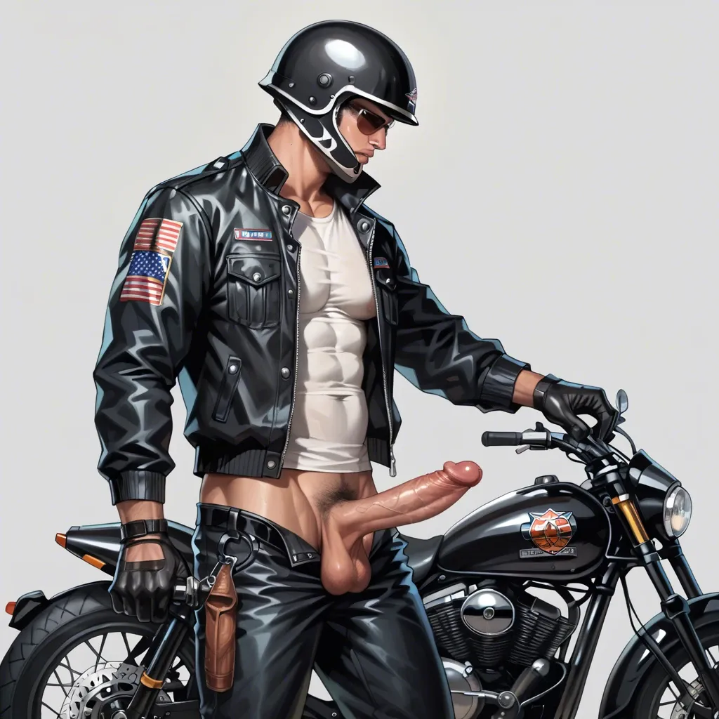 1 boy, motorbike helmet, jacket, gloves, pants, taking off his pants, juicy huge dick, dick, cock, penis hair, balls, standing, detailed, grey background