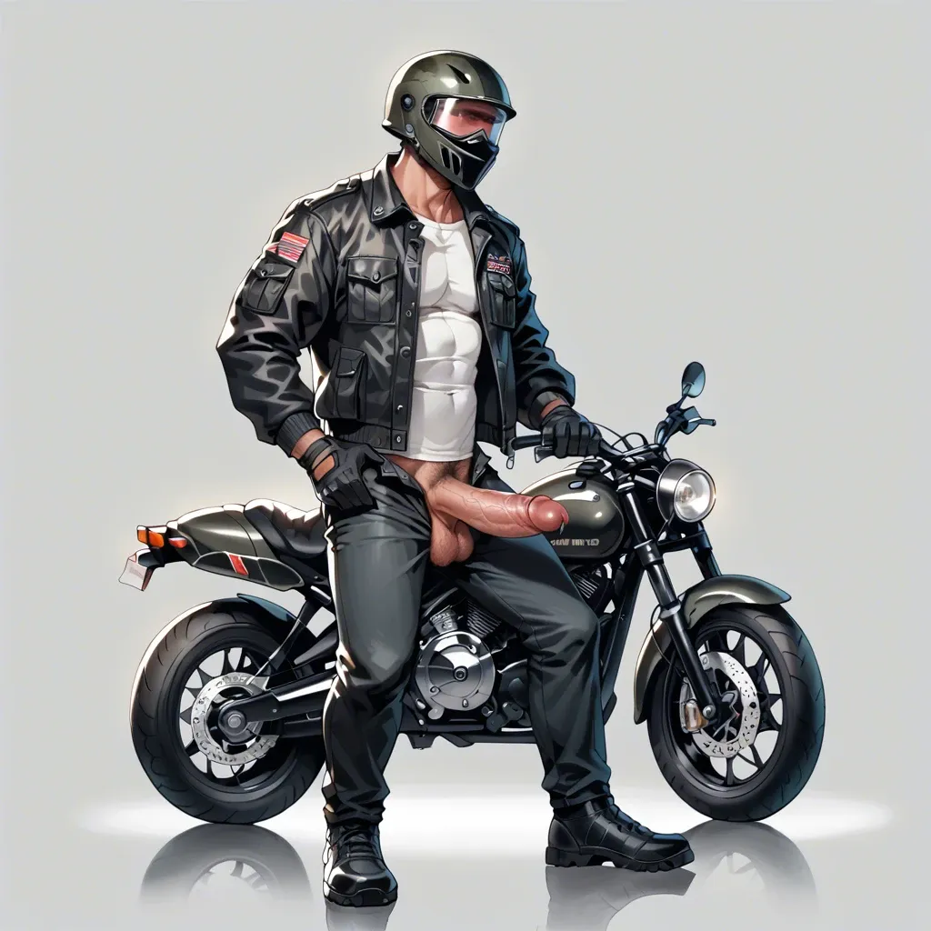 1 boy, motorbike helmet, jacket, gloves, pants, taking off his pants, juicy huge dick, dick, cock, penis hair, balls, standing, detailed, grey background