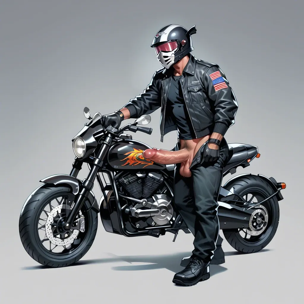 1 boy, motorbike helmet, jacket, gloves, pants, taking off his pants, juicy huge dick, dick, cock, penis hair, balls, standing, detailed, grey background