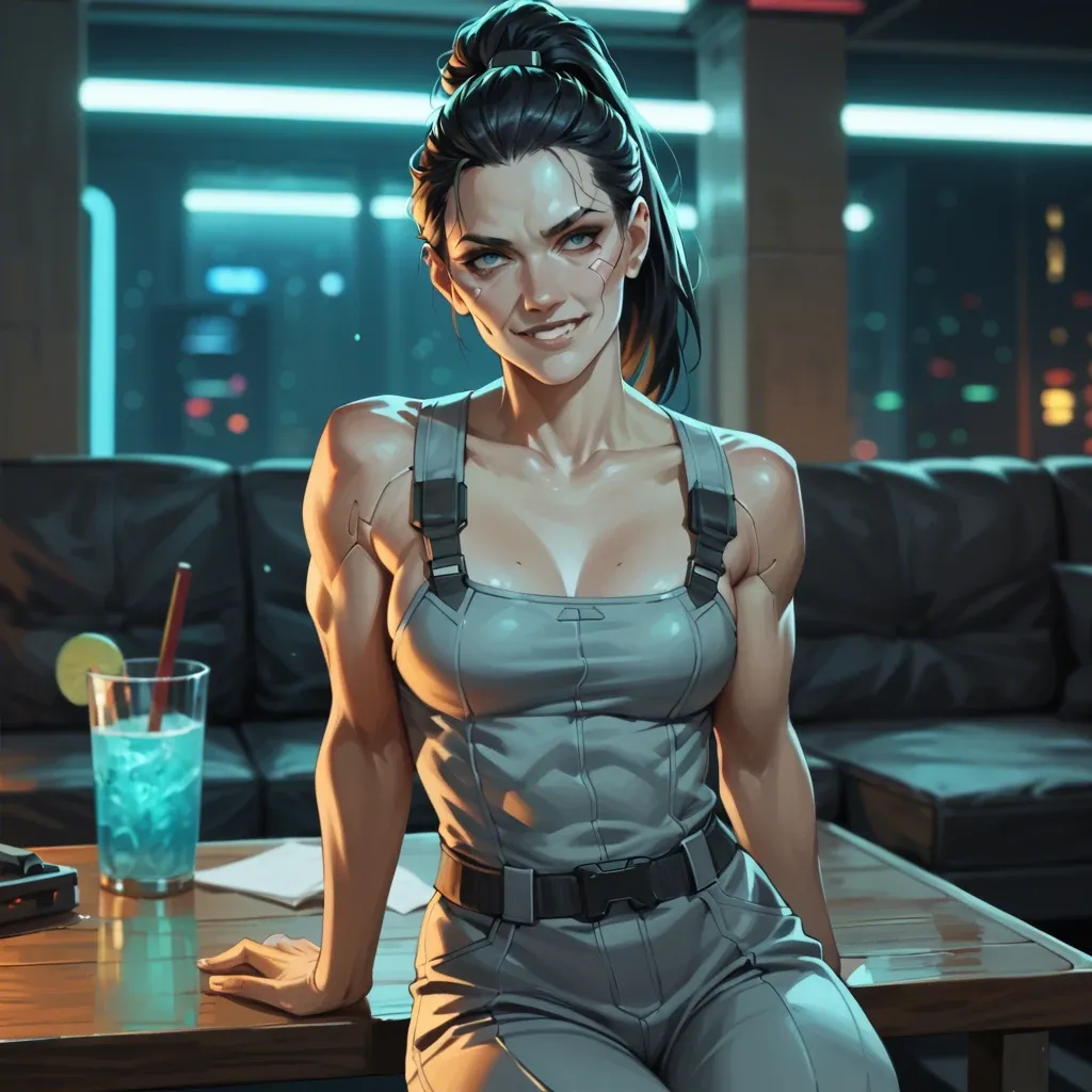 Female, skinny, muscular, pale, ponytail, black hair, glowing turquoise irises, gray coveralls, date, cyberpunk nightclub, staring, smiling, head tilt, dominant, sitting, table