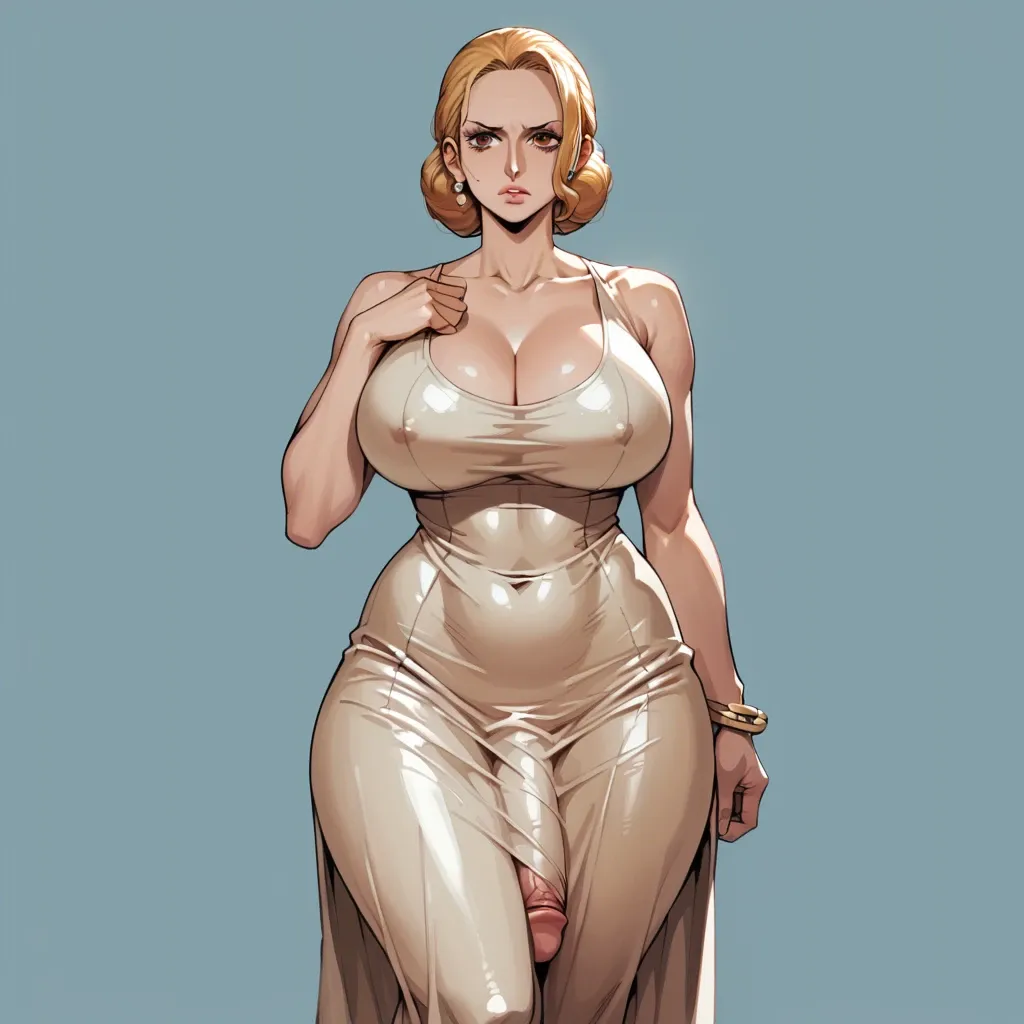 Japanese, 1 futanari, milf, huge ass ,huge breasts, wide hips, thick thighs, hyper bulge,flaccid, wearing long beige dress,bodycon dress, one piece dress, long dressskirt,comepletly clothed, penis under clothes,penis standing, white background, full body view