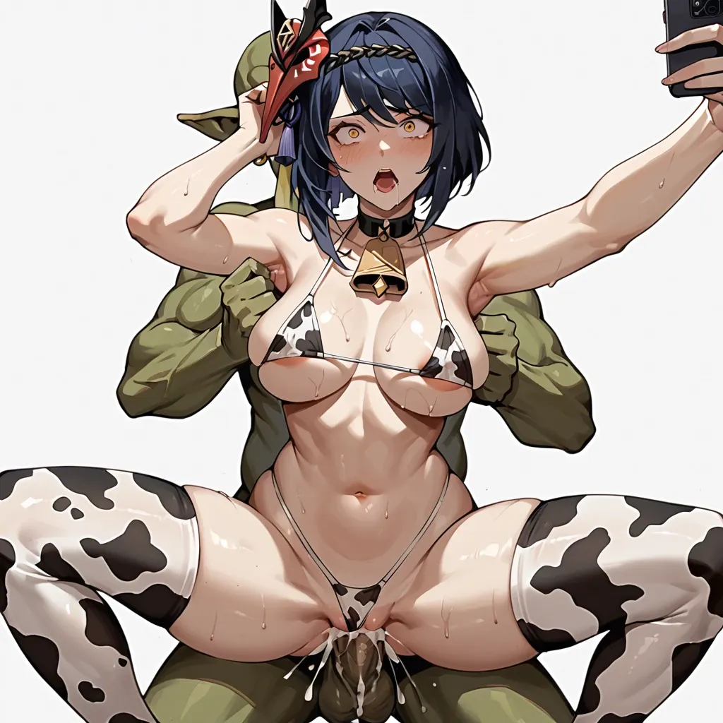 kujou sara (genshin impact),stockings,huge thrusting,internal creampie,drooling,wide eyed,fucked silly,goblin,straight,cowbell,cow print,micro bikini,legs apart,selfie,lifting person