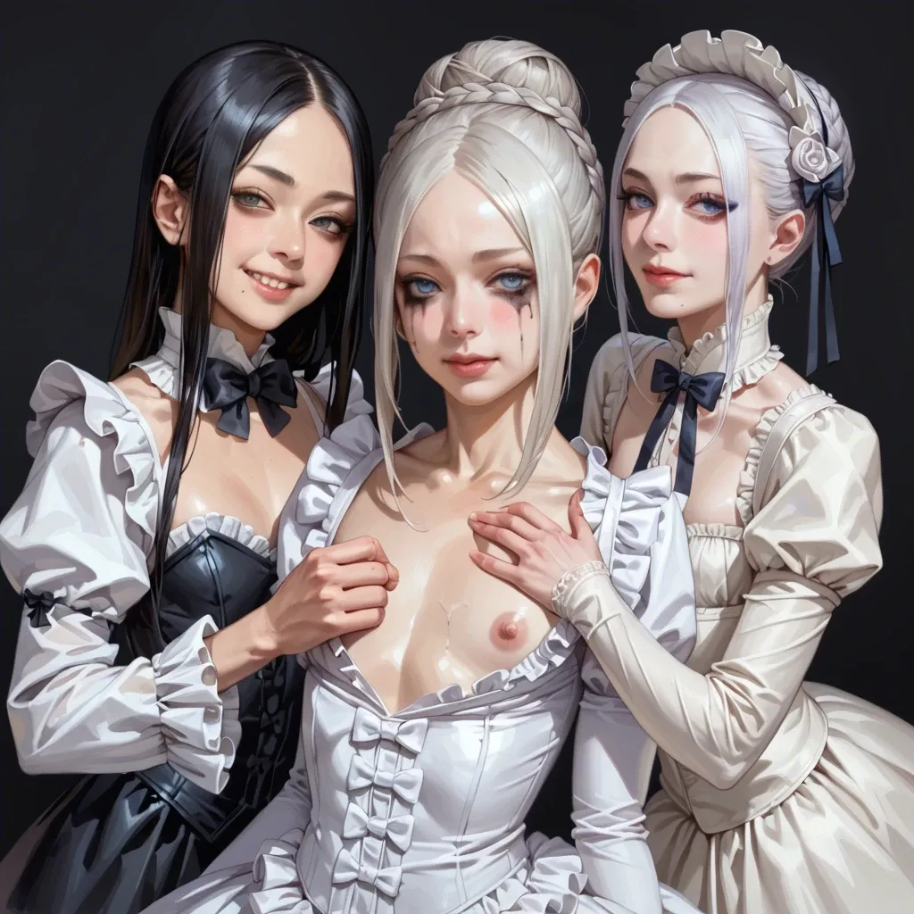 Shuten douji,3girls,realistic face,flat chest,emilia,petite body,Abigail Williams,shiny skin,cute smile,realistic,tight hug,ruined makeup,skinny,pet pose,victorian,Open dress,dildo masturbate,dildo in anus