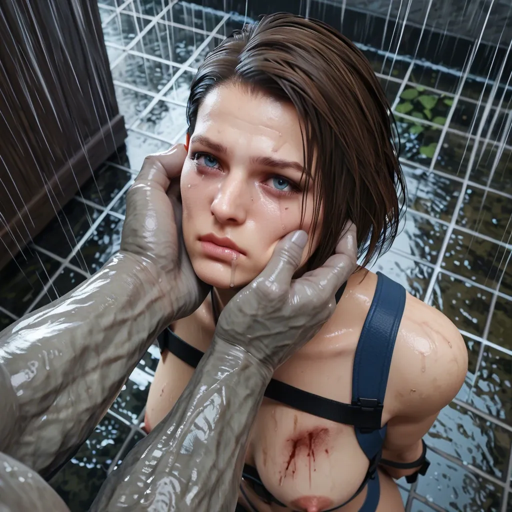 1girl,3d,jill valentine,straps,raining,tyrant,huge penis,penis on face,tears,high-angle,pinching chin,pinch face,sneer,hands behind back,nipples,sad,bruised,nipples