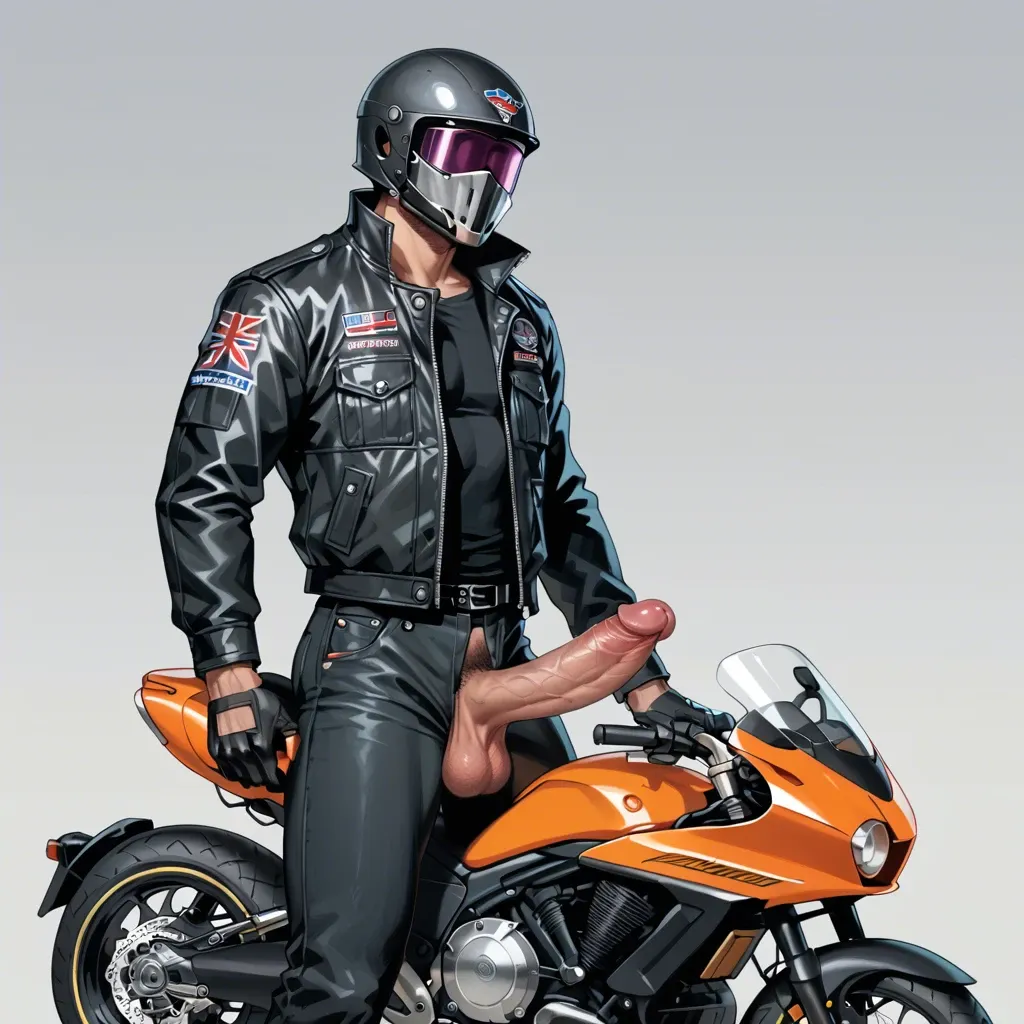 1 boy, motorbike helmet, jacket, gloves, pants, taking off his pants, juicy huge dick, dick, cock, penis hair, balls, standing, detailed, grey background