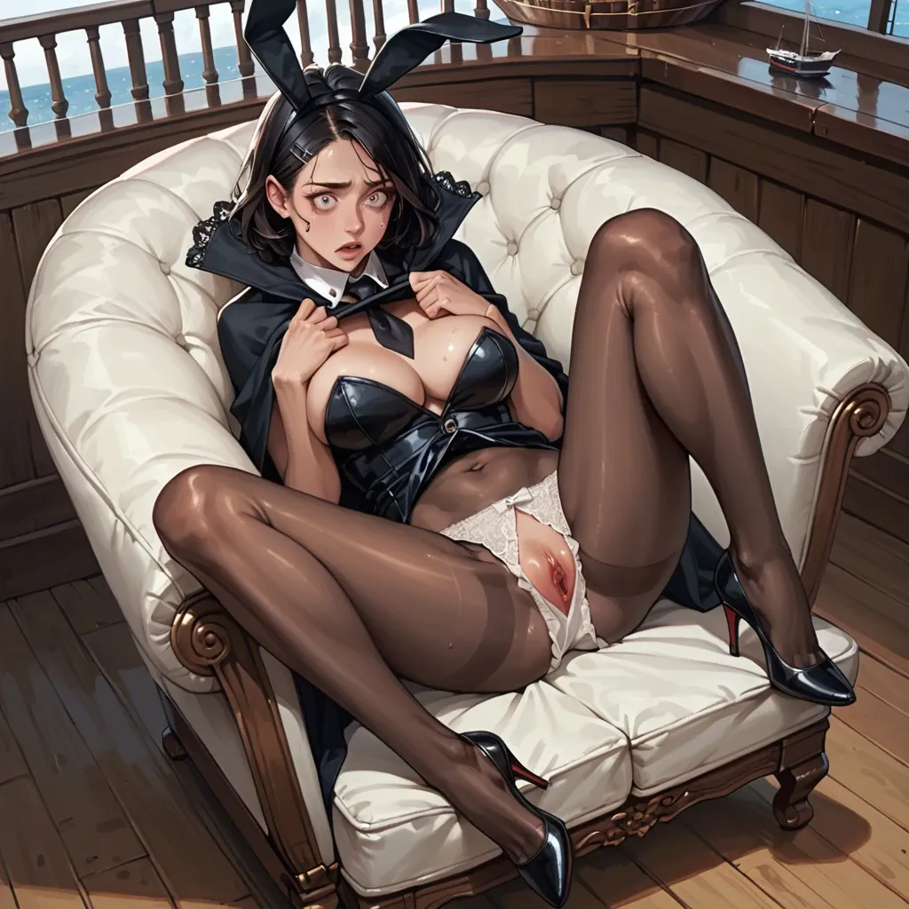 1girl,solo, , , , tie clip,elegant,cleavage,round navel,black skin, wide-eyed,armchair,round tits,ship deck,foreskin, sweatshirt lift,lace,cape,frilled panties,heels, bunny costume,leg warmers,crown,mini bikini,boots, in classroom, dark alleyway, cyberpunk, android 18, mario, spider-gwen