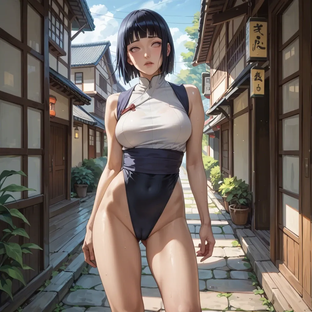 hinata refer from naruto anime series, perfect face, standing sexy post, medium breasts, tall girl, thin body, slim legs, Hinata of Naruto, wearing the clothes refer Hinata from Naruto anime series, Wear a full set of the clothes, face refer from Hinata from Naruto anime series