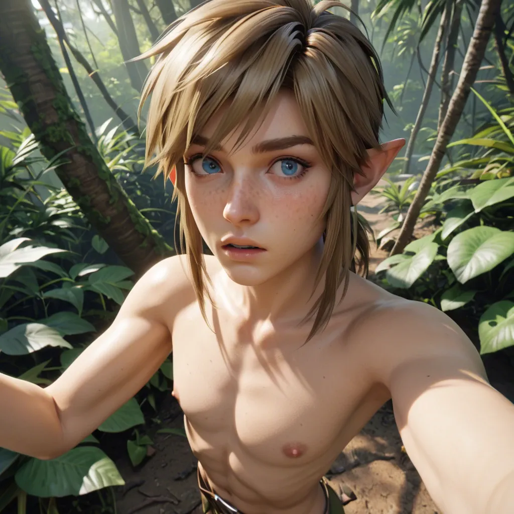 1femboy,3d,link brunette hair,brunette hair link,brunette hairstyle,freckles,adorable,girly male,jungle,skinny,awe ,standing,miniboy, link black hair,high-angle selfie,