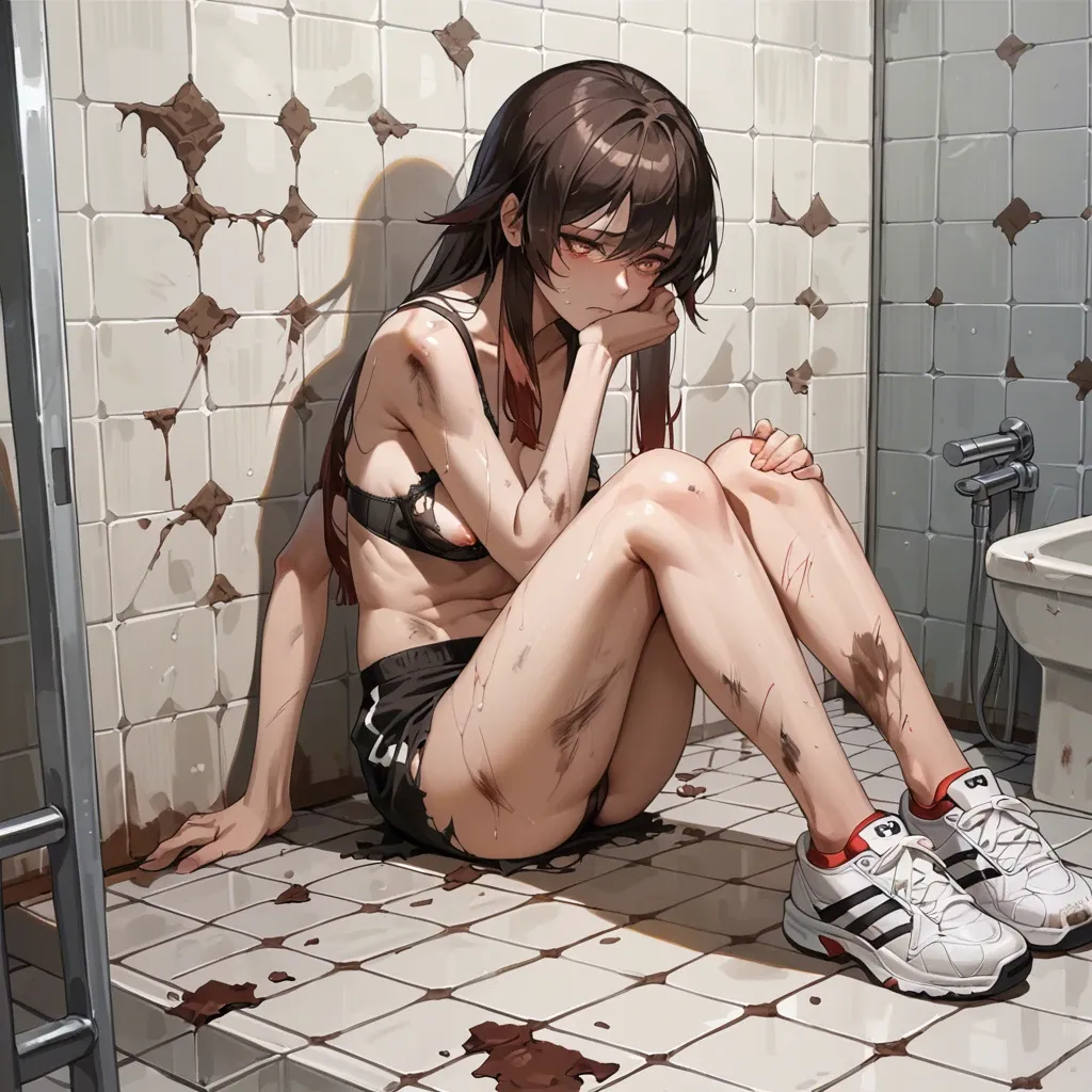 Hu Tao, black bra and panty, torn bra, exposed breast, anime style, sad, embarrassed, school bathroom, sitting on floor, back against wall, knees up, legs open, torn panty, sneakers, bathroom, defeated, covered in dirt, sweaty, head down, high angle, wet panty, dripping cum from asshole, cum puddle, wide eyes, shocked, tearful, deep anal penetration, rough anal sex, wide eyes, extreme wide eyes, legs spread, exposed panty, one exposed breast, naked, manga page, multiple manga panels, story, massive hairy and thick pubic bush, very hairy pussy, very hairy asshole, very long and thick pubic hair, unshaved private parts, unkempt pubic hair