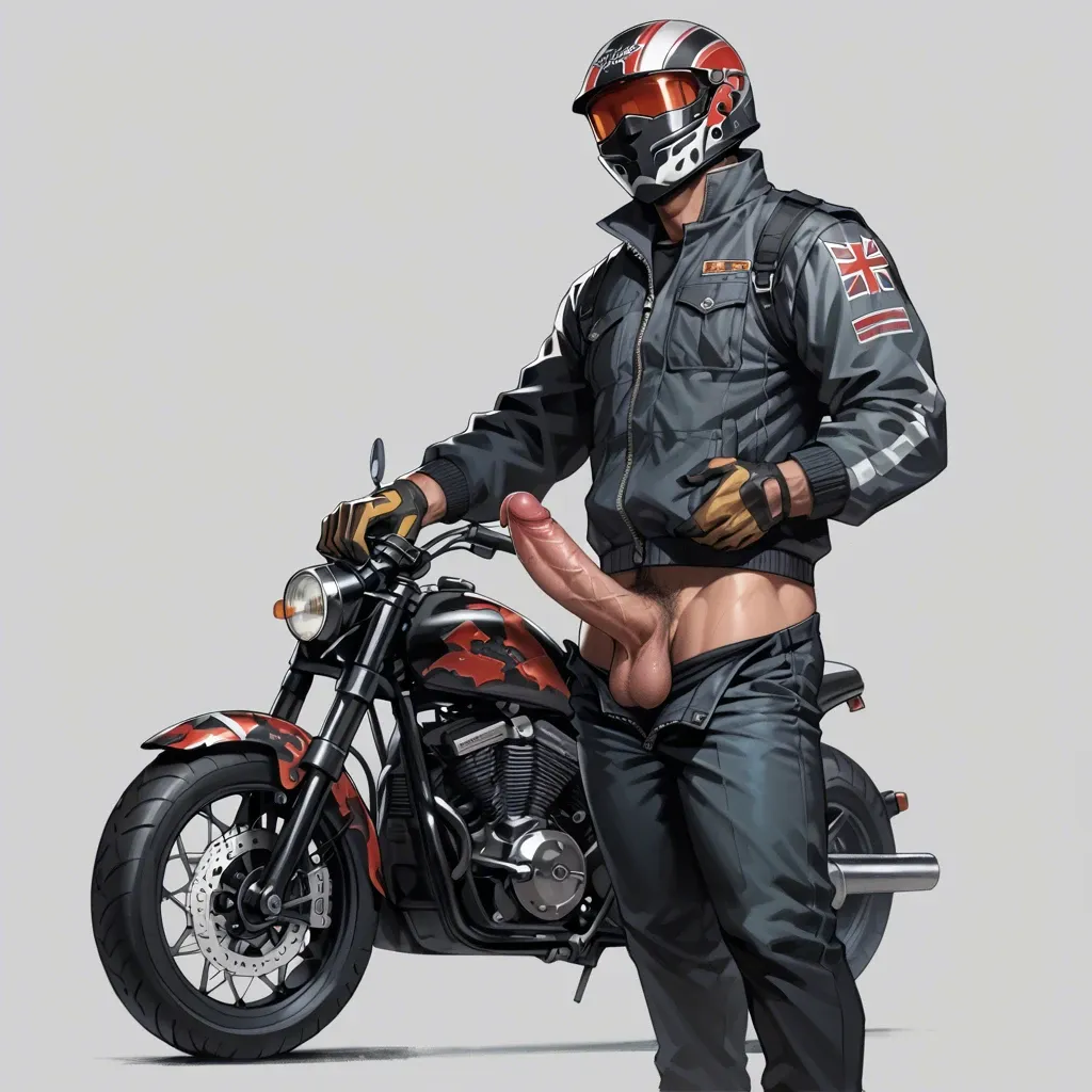 1 boy, motorbike helmet, big dick, dick, cock, balls, penis hair, gloves, pants, standing, detailed, grey background