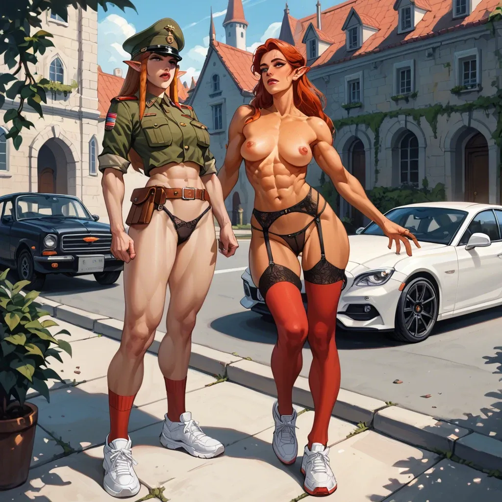 2girl, , , , dark eyeshadow,hands down,saggy boobs,broad and abs,orange skin, army uniform,red stockings,suspender belt,black panties,white sneakers, kitchen, parking, castle, table, zelda sd, ariel