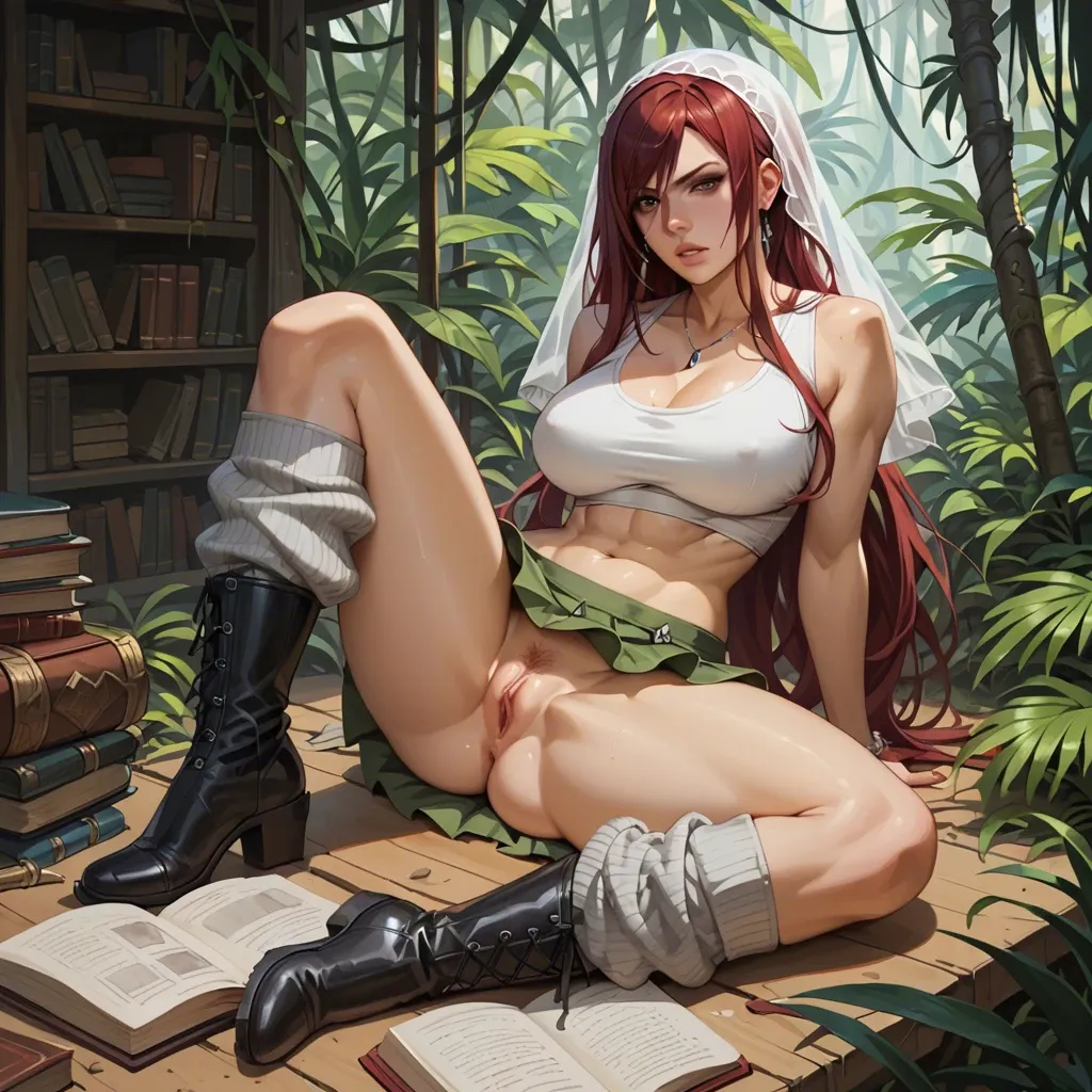 1girl,solo, , , , lip,feet apart,whore cleavage,super wide hips,white tank top, slit skirt,leg warmers,veil,gray sports bra,black boots, Erza Scarlet, girl in jungle, book shelf, belle